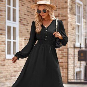 Smocked V-Neck Flounce Sleeve Midi Dress